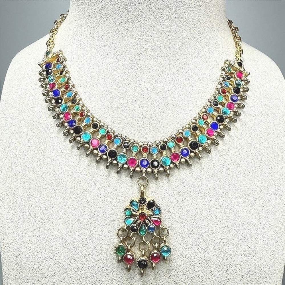 Multicolor Egyptian Revival Bib Necklace Rhinestone Gold Tone Statement 16"